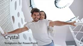  Presentation with villa - Colorful PPT layouts enhanced with relaxed young couple on spiral glass stairs in modern home villa indoors backdrop and a light blue colored foreground