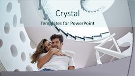  Presentation with villa - Amazing PPT layouts having relaxed young couple on spiral glass stairs in modern home villa indoors backdrop and a sky blue colored foreground