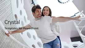  Presentation with villa - Colorful slide deck enhanced with relaxed young couple on spiral glass stairs in modern home villa indoors backdrop and a lemonade colored foreground