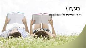  Presentation with reading - Amazing PPT theme having relaxed young couple reading books backdrop and a white colored foreground