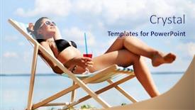  Presentation with rest - Theme having relaxed young female enjoying rest on the beach against blue sky background and a sky blue colored foreground