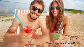  Presentation with lovers - Colorful slides enhanced with relaxed young lovers partying on the beach on a sunny day backdrop and a coral colored foreground