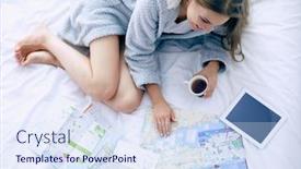  Presentation with cup coffee - Slide deck with relaxed-young-woman-sitting background and a sky blue colored foreground