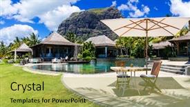  Presentation with paradise island - Slide deck featuring luxury resorts of le morne mauritius island lounge bar near swimming pool background and a yellow colored foreground