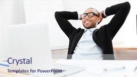  Presentation with successful - Colorful slide set enhanced with relaxing break - successful relaxed young businessman sitting backdrop and a sky blue colored foreground