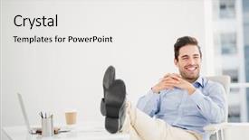  Presentation with feet - Presentation theme with relaxing break - thoughtful man sitting with feet background and a white colored foreground