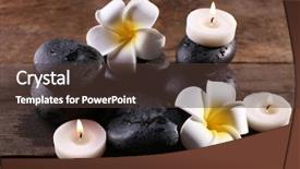  Presentation with flower candles - Slide set with relaxing composition with exotic fragipani flower pebbles and candles on wooden background background and a tawny brown colored foreground