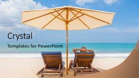  Presentation with sky blue - PPT theme featuring relaxing couch chairs with parasol background and a light blue colored foreground