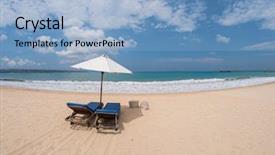  Presentation with indonesia - Presentation featuring relaxing couch chairs with parasol on white sandy beach looking towards ocean and blue sky in bali indonesia background and a light blue colored foreground