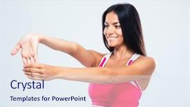  Presentation with sports supplement - Cool new slide deck with relaxing human body - smiling sports woman stretching fingers backdrop and a sky blue colored foreground