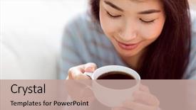  Presentation with living room - PPT theme featuring relaxing on couch with coffee background and a coral colored foreground