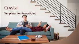  Presentation with using digital tablet - Theme enhanced with relaxing on sofa at home background and a lemonade colored foreground