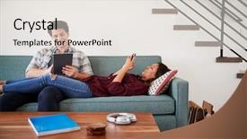  Presentation with digital transformation mobile first - PPT layouts enhanced with relaxing on sofa at home background and a sky blue colored foreground