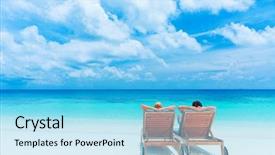  Presentation with happy holidays - Amazing theme having relaxing on the beach sitting backdrop and a light blue colored foreground
