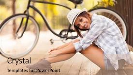  Presentation with next - Presentation theme with relaxing outside - beautiful young woman sitting next background and a coral colored foreground