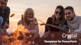  Presentation with grilling - Theme with relaxing outside - group of young friends sitting background and a  colored foreground