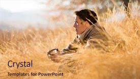  Presentation with 3d man sitting question mark - Amazing presentation theme having relaxing outside - handsome man sitting in tall backdrop and a yellow colored foreground