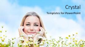  Presentation with blue flower - Audience pleasing presentation consisting of relaxing outside - happy young female lying backdrop and a light blue colored foreground