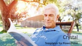  Presentation with fairy tale magical world reading - PPT layouts consisting of relaxing outside - senior man sittingin park while background and a light blue colored foreground