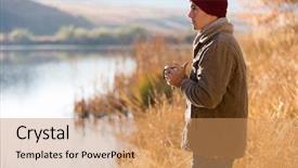  Presentation with rustic lake purple - Colorful PPT theme enhanced with relaxing outside - thoughtful man standing by lake backdrop and a coral colored foreground