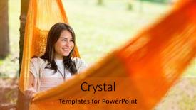  Presentation with female powerlifting - Colorful presentation theme enhanced with relaxing outside - young cheerful female lying down backdrop and a gold colored foreground