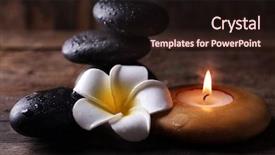  Presentation with candle - PPT theme featuring relaxing set of fragipani flower pebbles and alight candle on wooden background background and a wine colored foreground