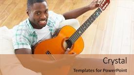  Presentation with acoustic - Audience pleasing presentation theme consisting of young man relaxing sitting on sofa playing acoustic guitar backdrop and a coral colored foreground