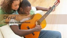  Presentation with acoustic - Amazing PPT theme having young couple relaxing sitting on sofa playing acoustic guitar backdrop and a gold colored foreground