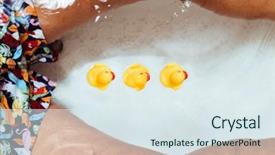  Presentation with low angle view of fictitious - Cool new slide deck with relaxing surrounded by rubber duck backdrop and a sky blue colored foreground