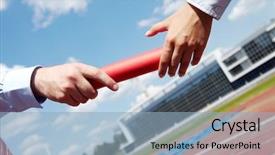  Presentation with baton - Cool new presentation theme with relay race - photo of business people hands backdrop and a light blue colored foreground