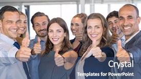  Presentation with team group - Slide deck with reliability - group of happy business people background and a ocean colored foreground