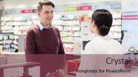  Presentation with pharmacist - Presentation theme enhanced with reliability - portrait of a handsome young background and a violet colored foreground