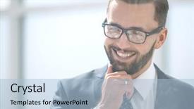  Presentation with office - Presentation design featuring reliability management - close up serious businessman standing background and a light blue colored foreground