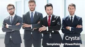  Presentation with five business people standing together and smiling - Amazing slides having reliability management - group of confident business people backdrop and a tawny brown colored foreground