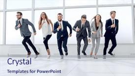  Presentation with business team join hands white - Beautiful PPT theme featuring reliability management - successful business team running backdrop and a sky blue colored foreground