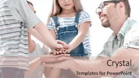  Presentation with hands down - Colorful slide set enhanced with reliable help - happy family laid down their backdrop and a soft green colored foreground