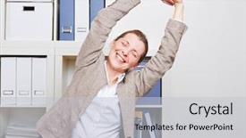  Presentation with back pain - Slide set featuring relief - senior business woman with back background and a light gray colored foreground