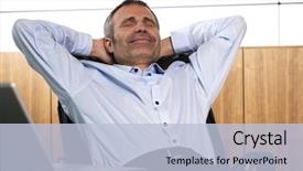  Presentation with office chair - Slide deck consisting of relieve - happy senior businessman leaning back background and a light blue colored foreground