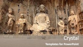  Presentation with buddha - PPT layouts enhanced with chinese religion - longmen grottoes with buddha's figures background and a coral colored foreground