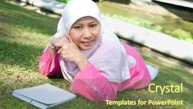  Presentation with outdoor mall - Presentation theme enhanced with religion content - muslim malay woman reading background and a  colored foreground