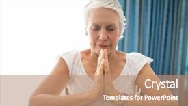  Presentation with closed - Theme having religion content - senior woman praying with eyes background and a coral colored foreground