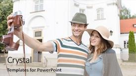  Presentation with self fulfilling prophecies - Presentation theme featuring religion theme - tourist couple taking self portrait background and a soft green colored foreground