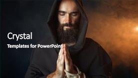  Presentation with medieval - Cool new PPT theme with religious - medieval monk praying with closed backdrop and a wine colored foreground