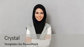  Presentation with arabian woman wearing hijab muslim - Beautiful PPT theme featuring religious - portrait of a happy young backdrop and a light gray colored foreground