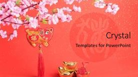  Presentation with translation - Colorful slide set enhanced with religious - tradition chinese cloth doll pig backdrop and a coral colored foreground