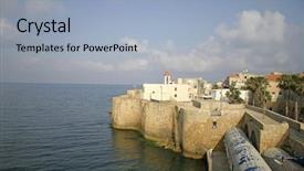  Presentation with church - Amazing PPT layouts having religious crucifiction - church on fortified wall backdrop and a light blue colored foreground