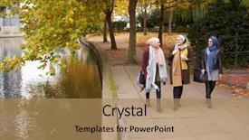 Presentation with british - Presentation theme with british muslim female friends walking by river in city background and a coral colored foreground