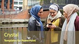  Presentation with muslim - Colorful PPT theme enhanced with muslim female friends using mobile backdrop and a tawny brown colored foreground