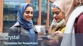  Presentation with muslim - Presentation design having woman cell group - muslim female friends using mobile background and a ocean colored foreground