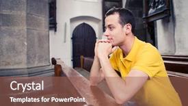  Presentation with church - Colorful presentation theme enhanced with religious humility - handsome young man praying backdrop and a coral colored foreground